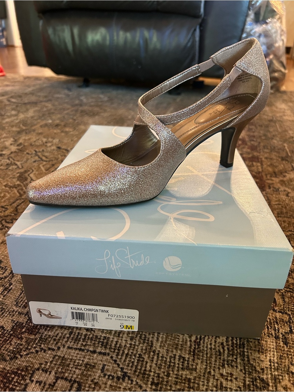 Life Stride Glitter Champagne Cross-Strap Pointed Toe Pump
